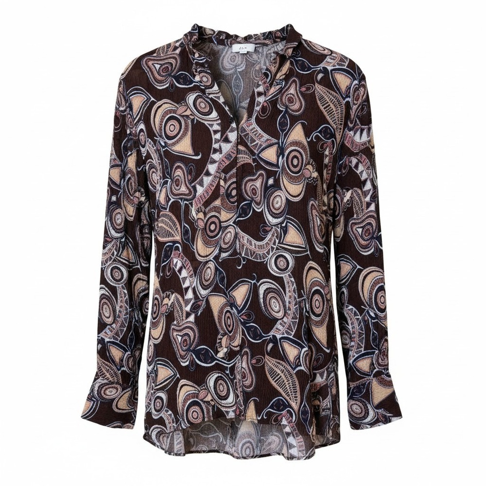 A.L.C. Women Blouse XS/S Brown Paisley Tencel Linen Blend Split Neck Boho Office